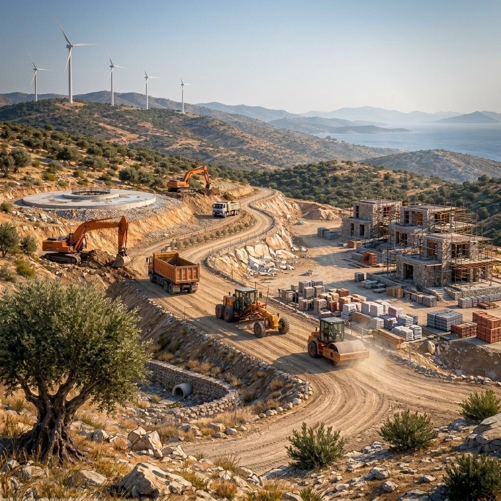 Rüzgâr santrali temel ve yol altyapısı, hafriyat çalışması ve villa inşaatını aynı sahada gösteren havadan görünüm